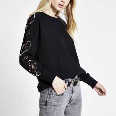 Black lace pearl embellished sweatshirt