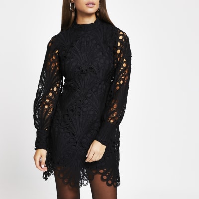 Black Lace Puff Sleeve Shift Dress River Island