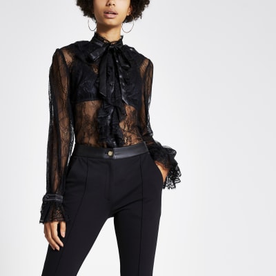 Black lace ruffle blouse