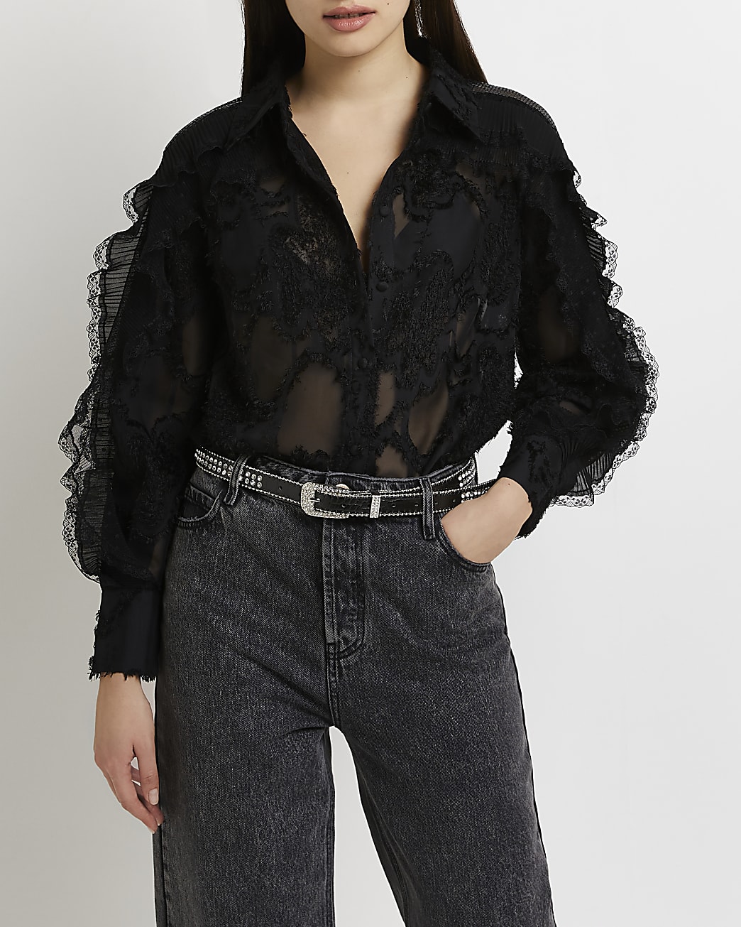 Black lace sequin shirt