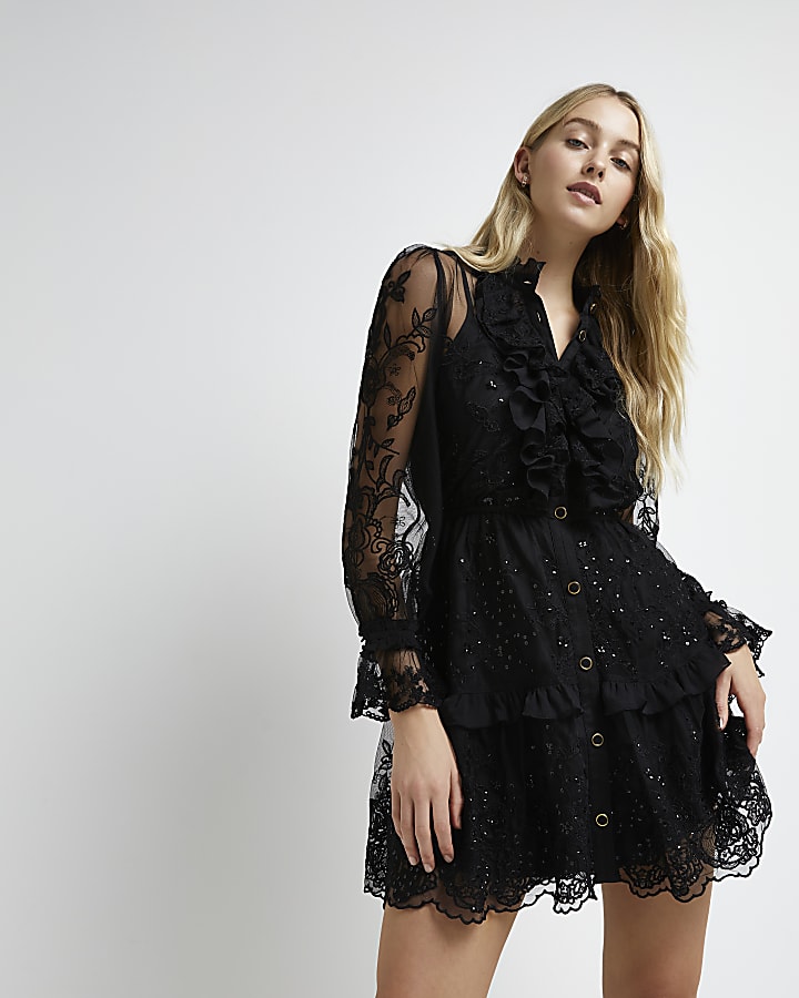 Black lace sheer mini dress | River Island