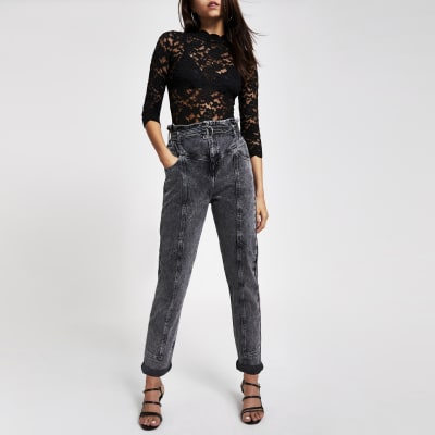 Black lace sheer scallop top | River Island