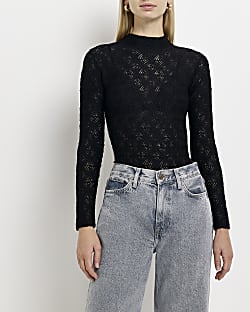 Black lace textured long sleeve top