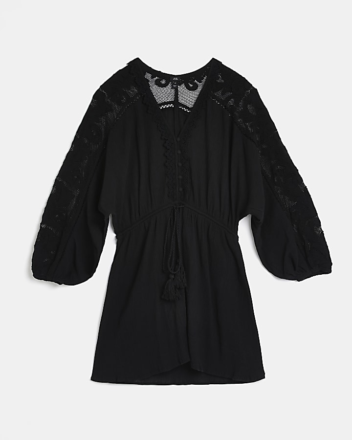 Black lace trim mini dress