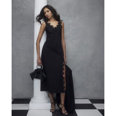 Black Lace Trim Pinstripe Midi Dress