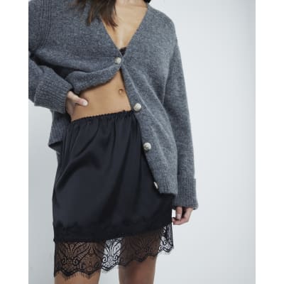 Black Lace Trim Satin Mini Skirt River Island