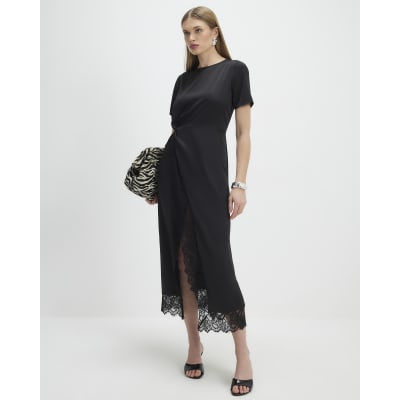 Black Lace Trim Side Twist Midi Dress