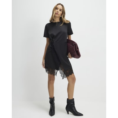 Black Lace Trim Side Twist Mini Dress