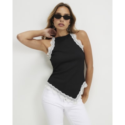 Lace Trim Textured Halter Neck Top