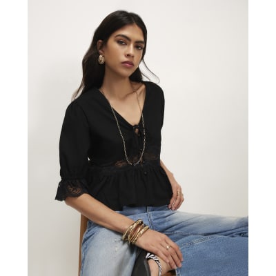 Lace Trim Tie Front Blouse