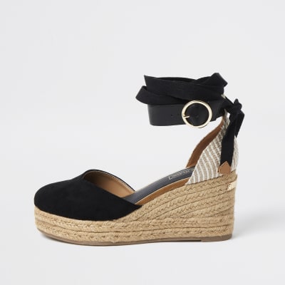 Black lace-up ankle espadrille wedge sandals | River Island