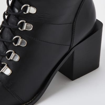 black lace up block heel booties