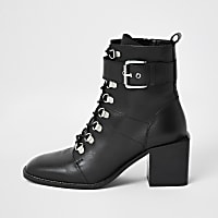 Black lace up block heel boots