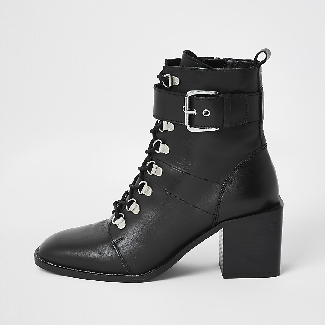 Black lace up block heel boots | River Island