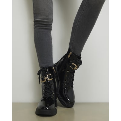 Black Lace Up Buckled Chunky Boots