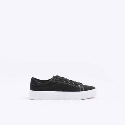 Black Lace Up Canvas Trainers | River Island