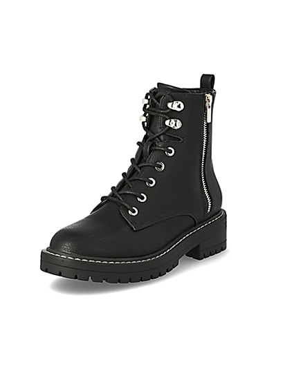 360 degree animation of product Black lace-up chunky ankle boots frame-0