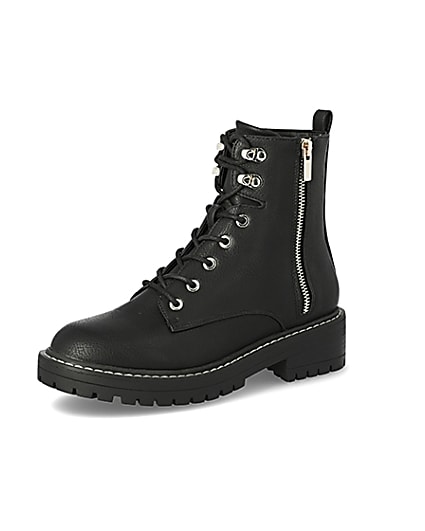 360 degree animation of product Black lace-up chunky ankle boots frame-1