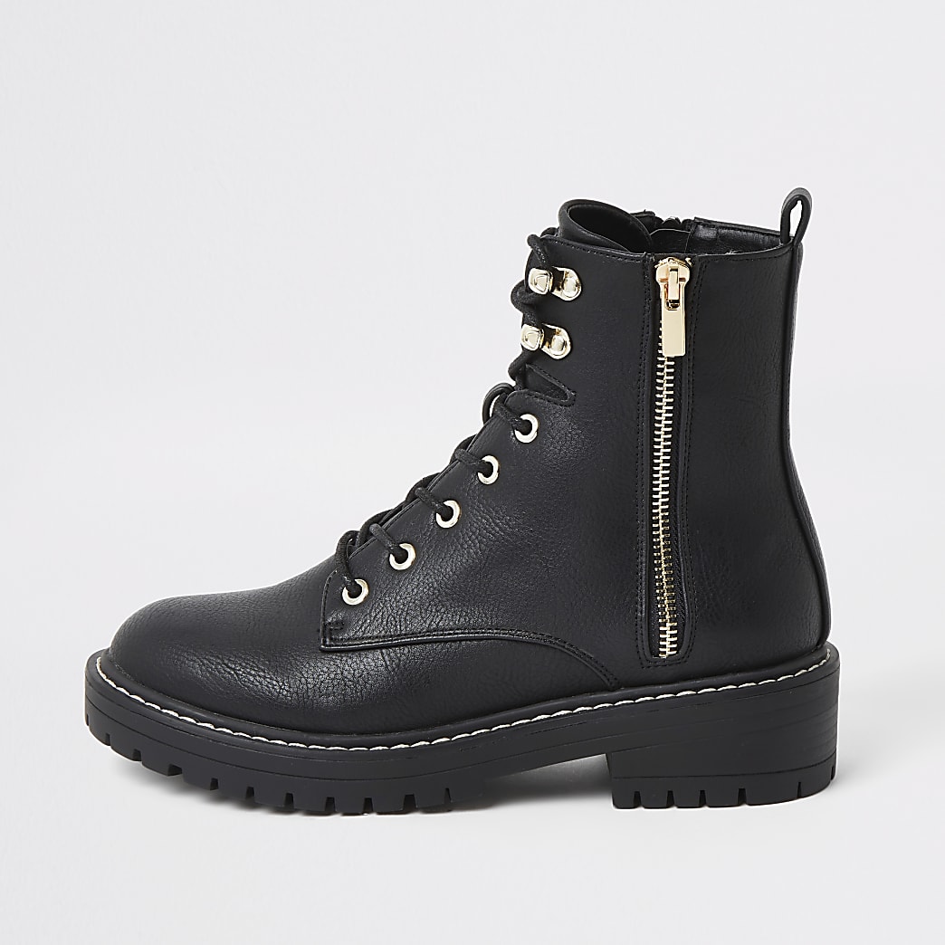 Black lace-up chunky ankle boots | River Island