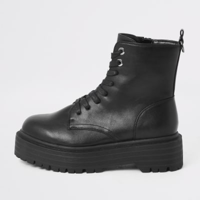 black faux leather lace up chunky boots
