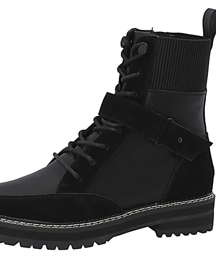 360 degree animation of product Black lace up faux leather hiker boots frame-2