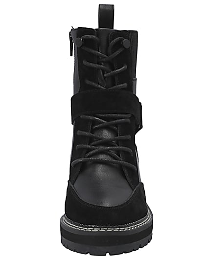 360 degree animation of product Black lace up faux leather hiker boots frame-21