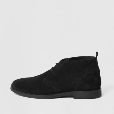 Black lace-up faux suede chukka boots 