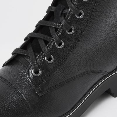 river island lace up flat hiker boot in black