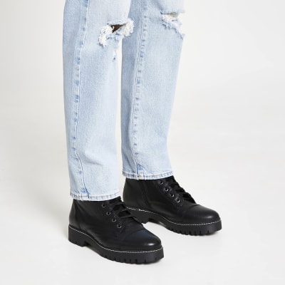river island lace up flat hiker boot in black