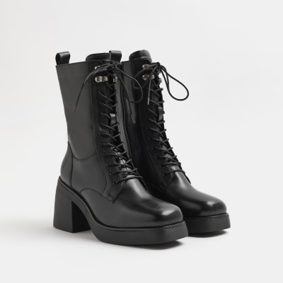 Black lace up heeled ankle boot | River Island