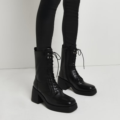 Black lace up heeled ankle boot | River Island