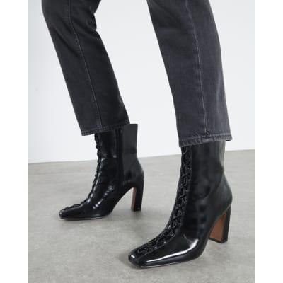 Black Lace Up Heeled Boots