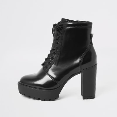 black high heel lace up boots