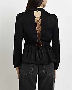 Black lace up long sleeve blouse