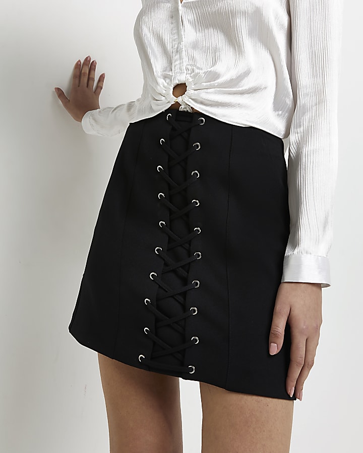 Black lace up mini skirt