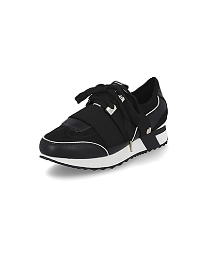 360 degree animation of product Black lace up runner trainers frame-0