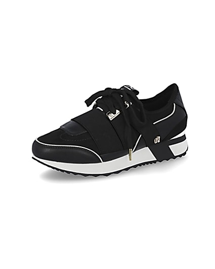 360 degree animation of product Black lace up runner trainers frame-1