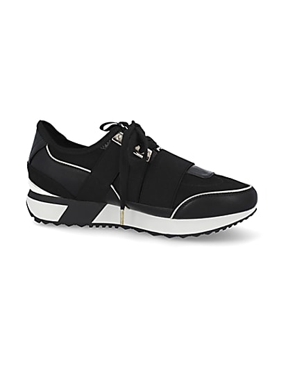360 degree animation of product Black lace up runner trainers frame-16