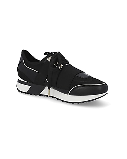 360 degree animation of product Black lace up runner trainers frame-17