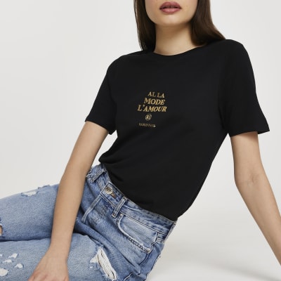 Black 'Lamour Paris' foil print t-shirt | River Island