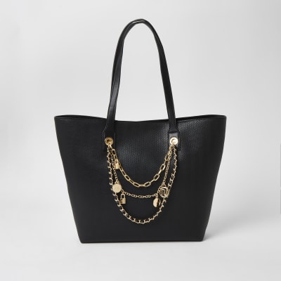 Black layered chain embellished shopper bag | River Island