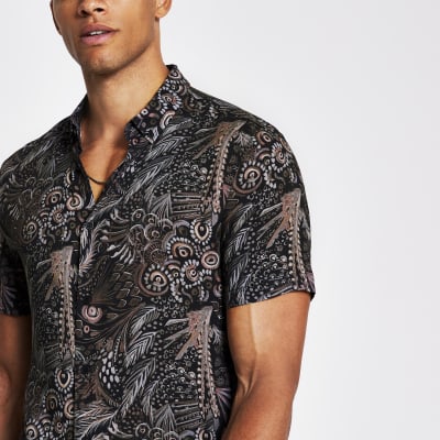 Black leaf print slim fit short sleeve shirt | River Island