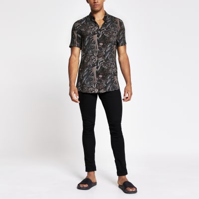 black slim fit short sleeve shirt