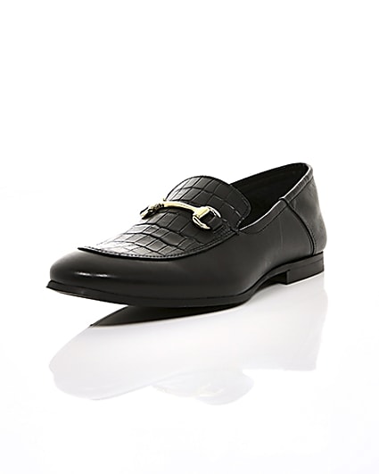 360 degree animation of product Black leather  fold down heel snaffle loafers frame-1