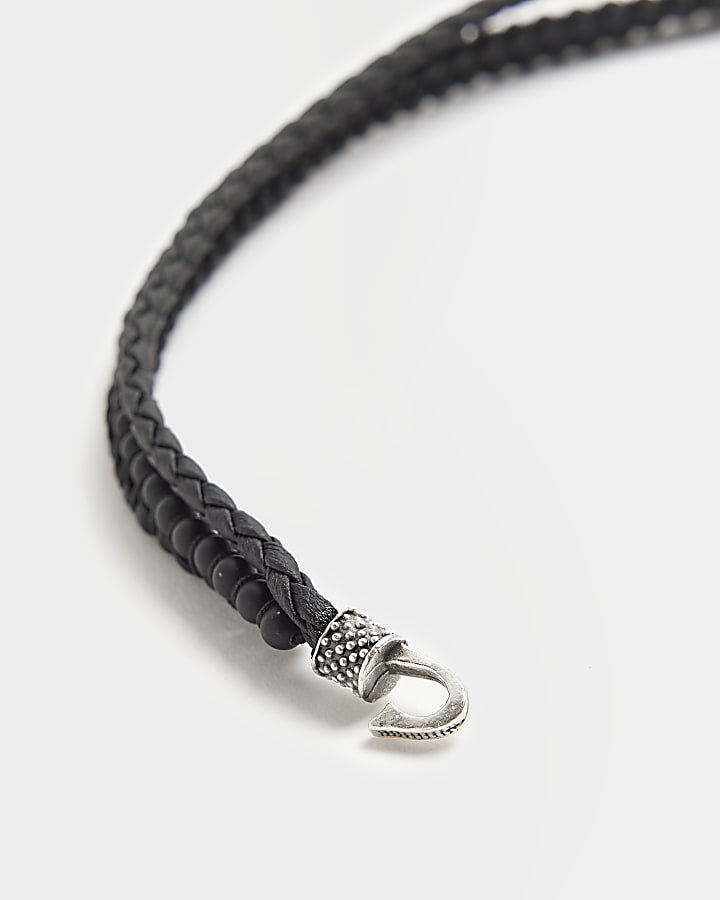 Black Leather 2 Row Beaded Bracelet