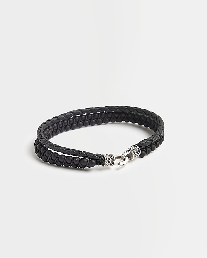 Black Leather 2 Row Beaded Bracelet