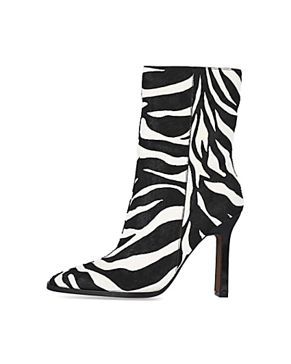 360 degree animation of product Black leather animal print heeled ankle boots frame-3