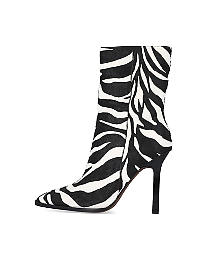 360 degree animation of product Black leather animal print heeled ankle boots frame-4