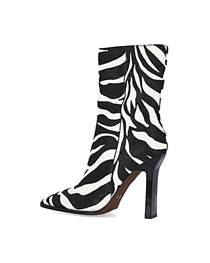 360 degree animation of product Black leather animal print heeled ankle boots frame-5