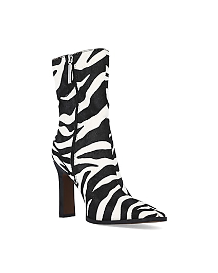 360 degree animation of product Black leather animal print heeled ankle boots frame-18